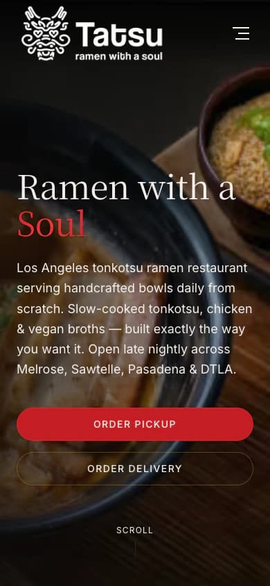 Tatsu Ramen mobile homepage