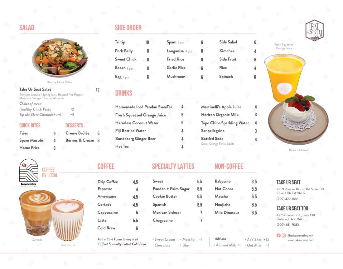 Take Ur Seat drinks menu