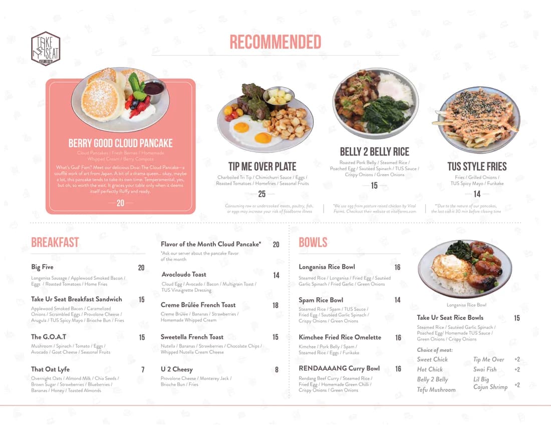 Take Ur Seat food menu